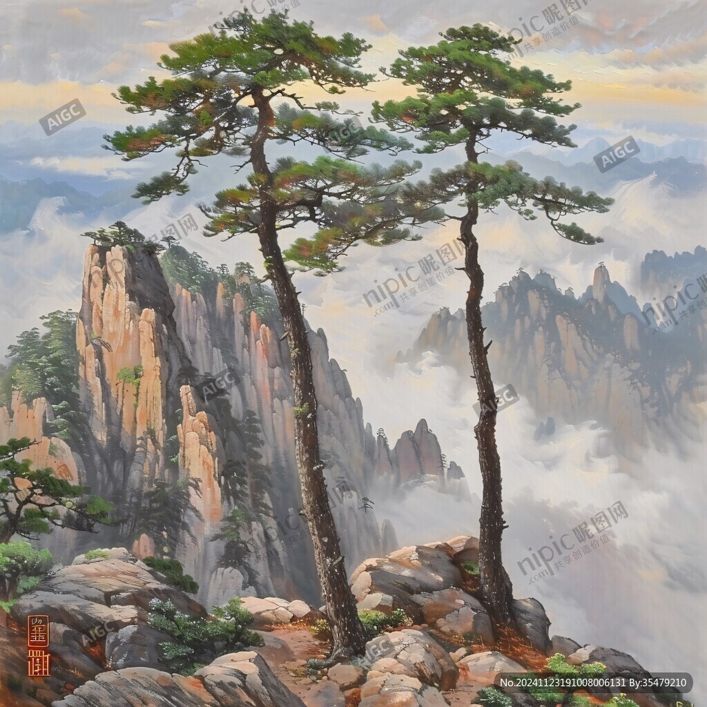 迎客松油画
