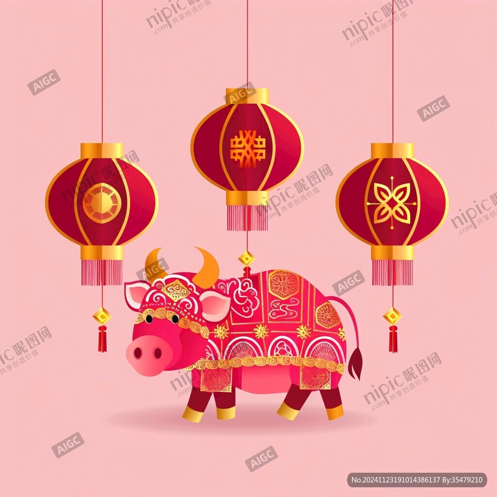 卡通牛灯笼剪纸