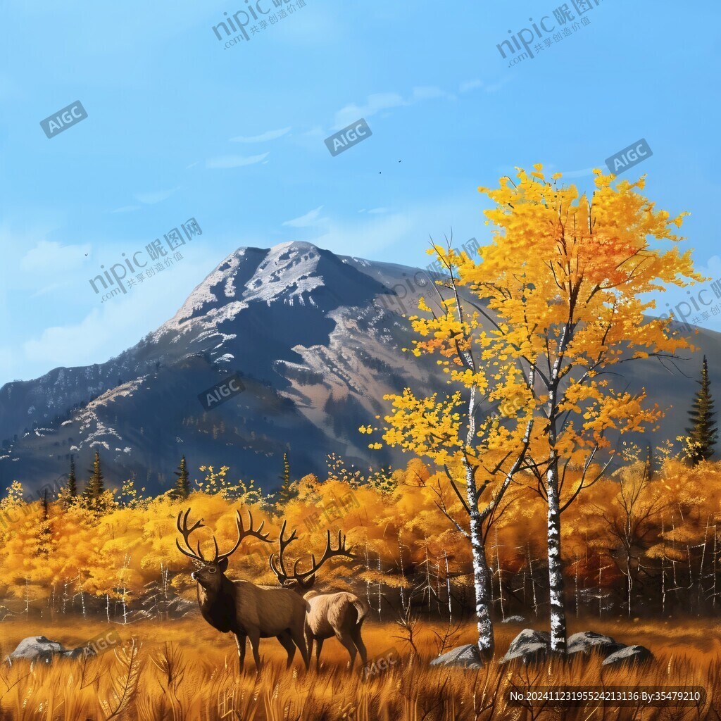 麋鹿风景油画