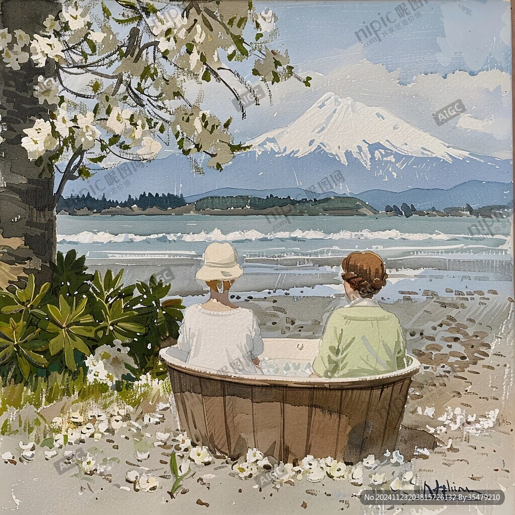 手绘看海的情侣插画