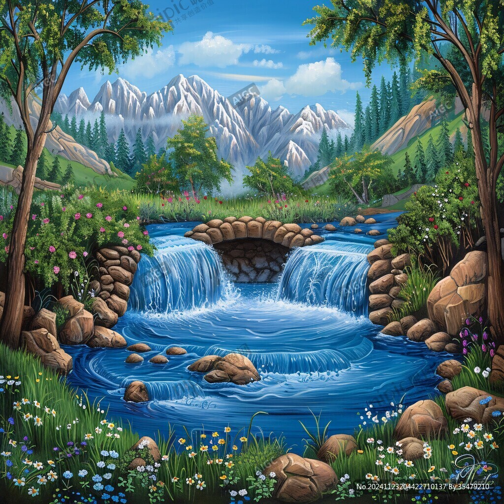 山涧小溪绘画