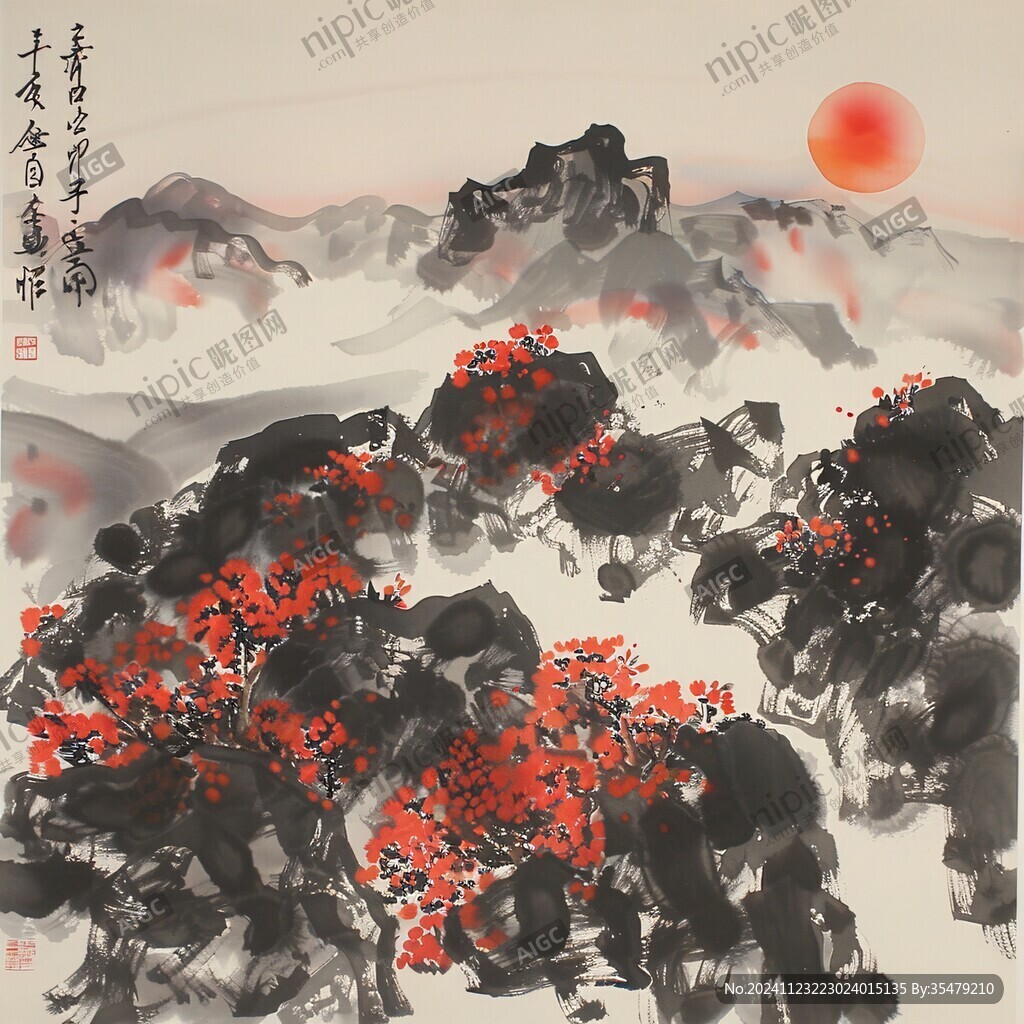 红日东升水墨画