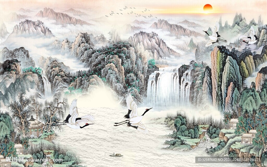 中式流水山水背景