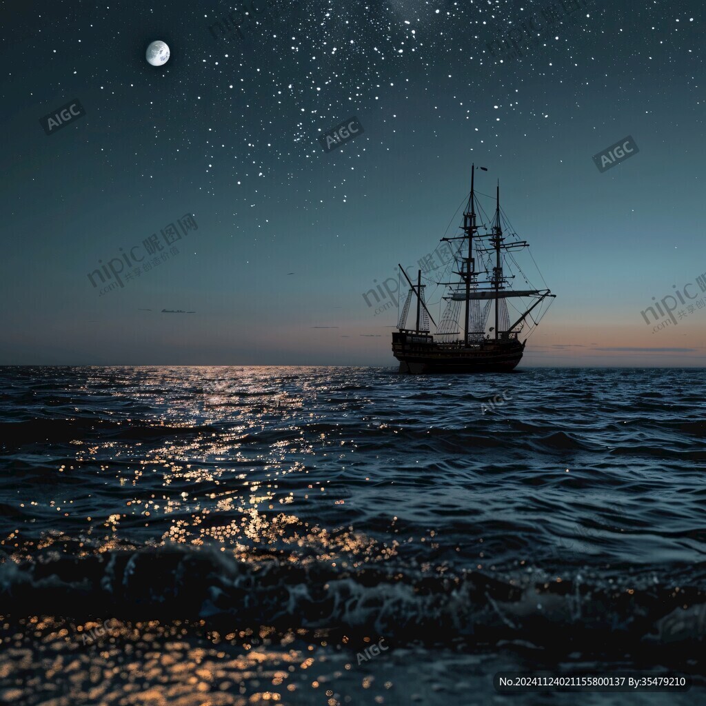 海洋大海月光帆船
