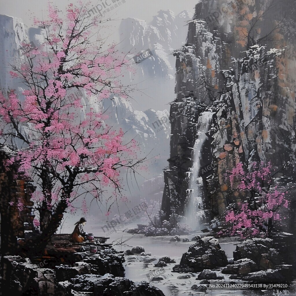 山峰山水画油画梅花鹿