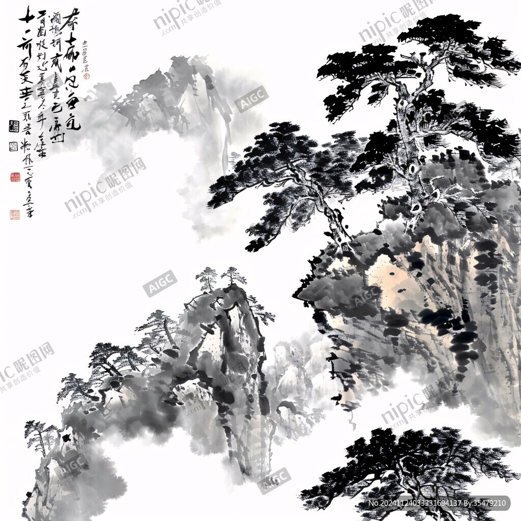 水墨迎客松远山