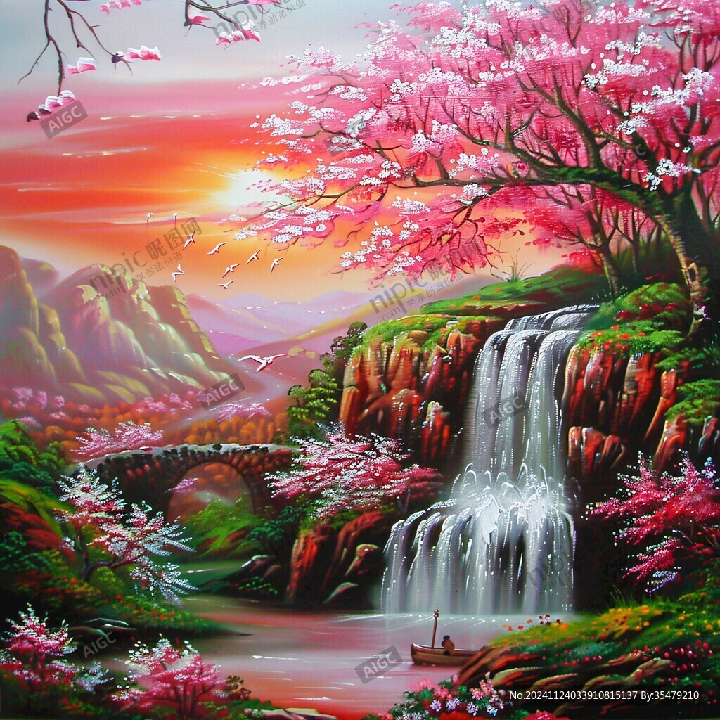 桃花风景油画