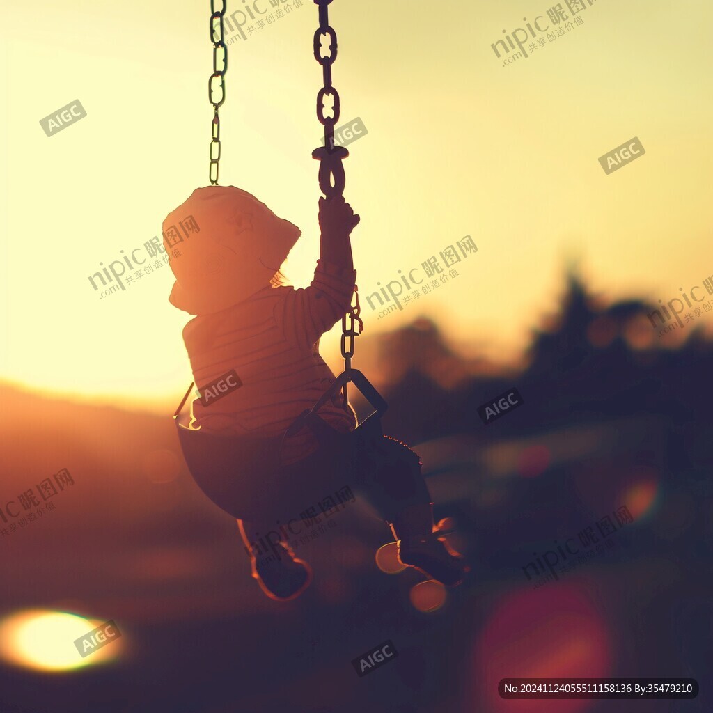 夕阳下玩耍的小男孩