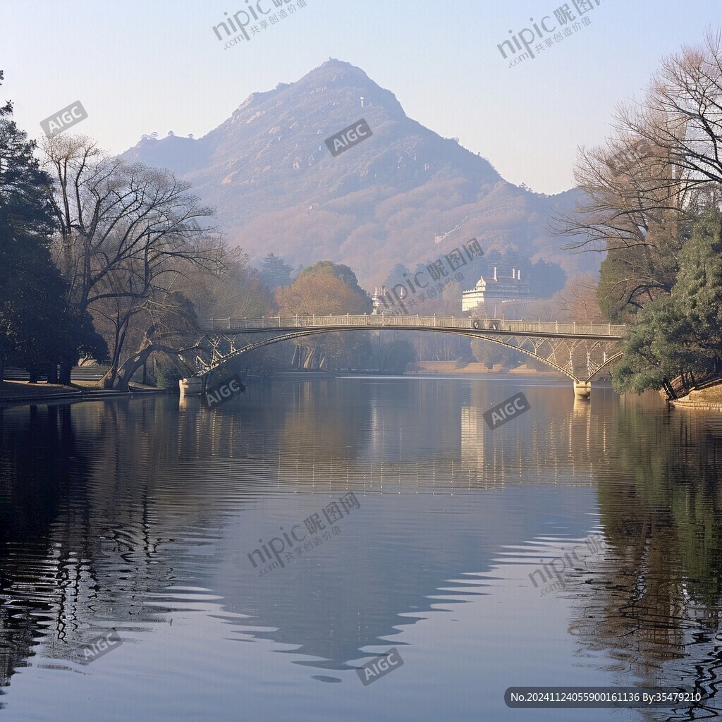 山水古桥倒映