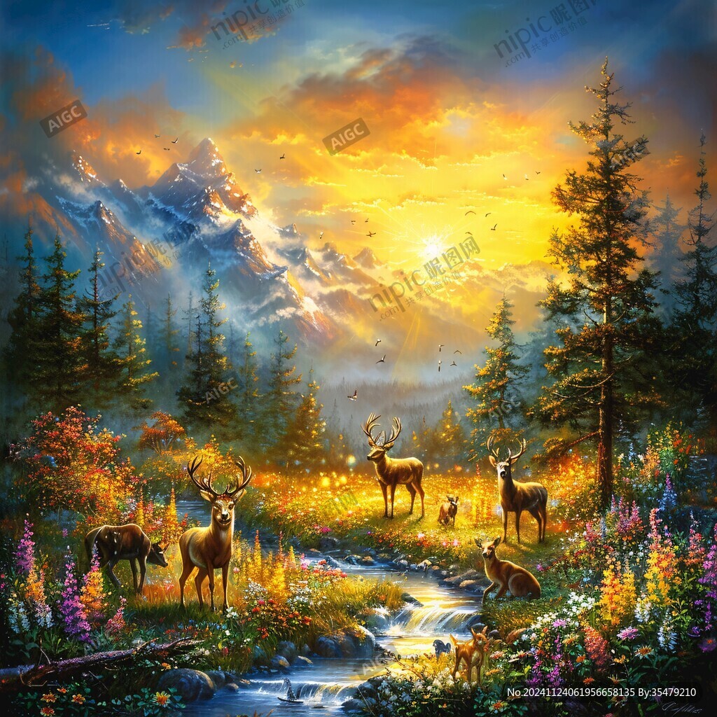 麋鹿风景油画