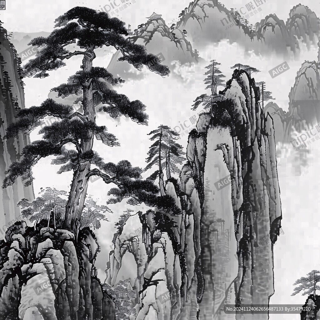 迎客松水墨山川