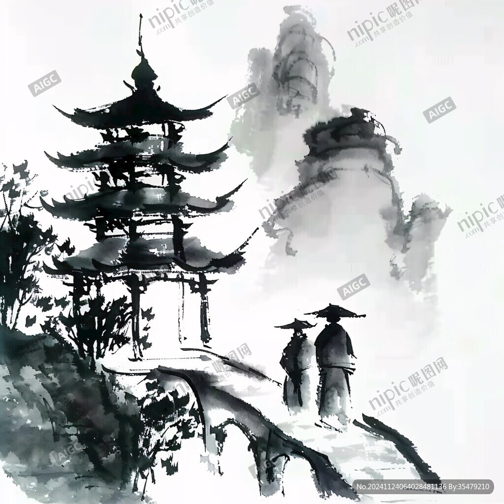 古楼水墨画