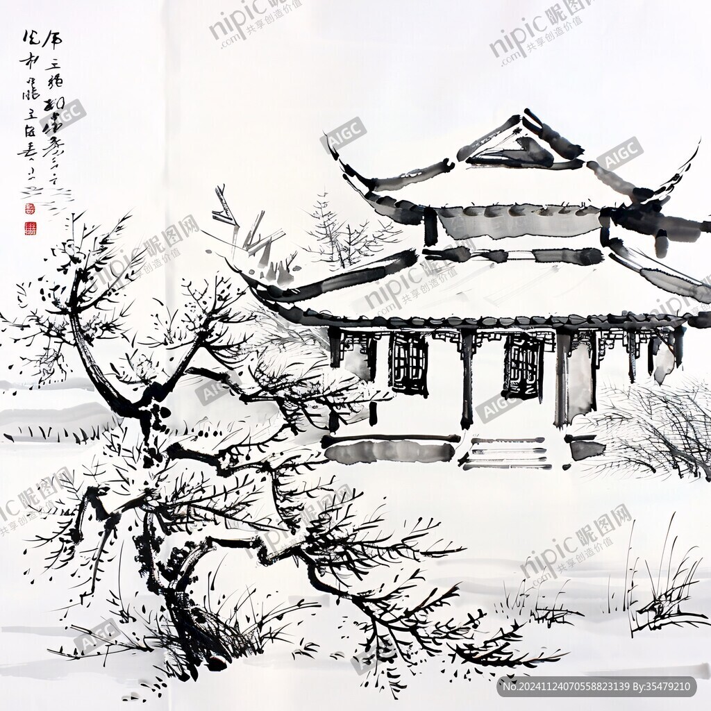 江南雪景水墨画