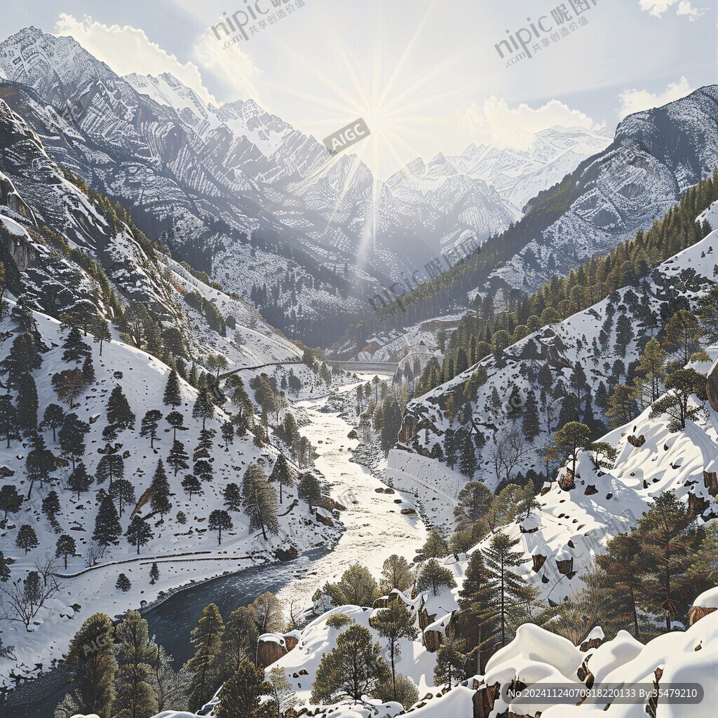 雪景日出全景
