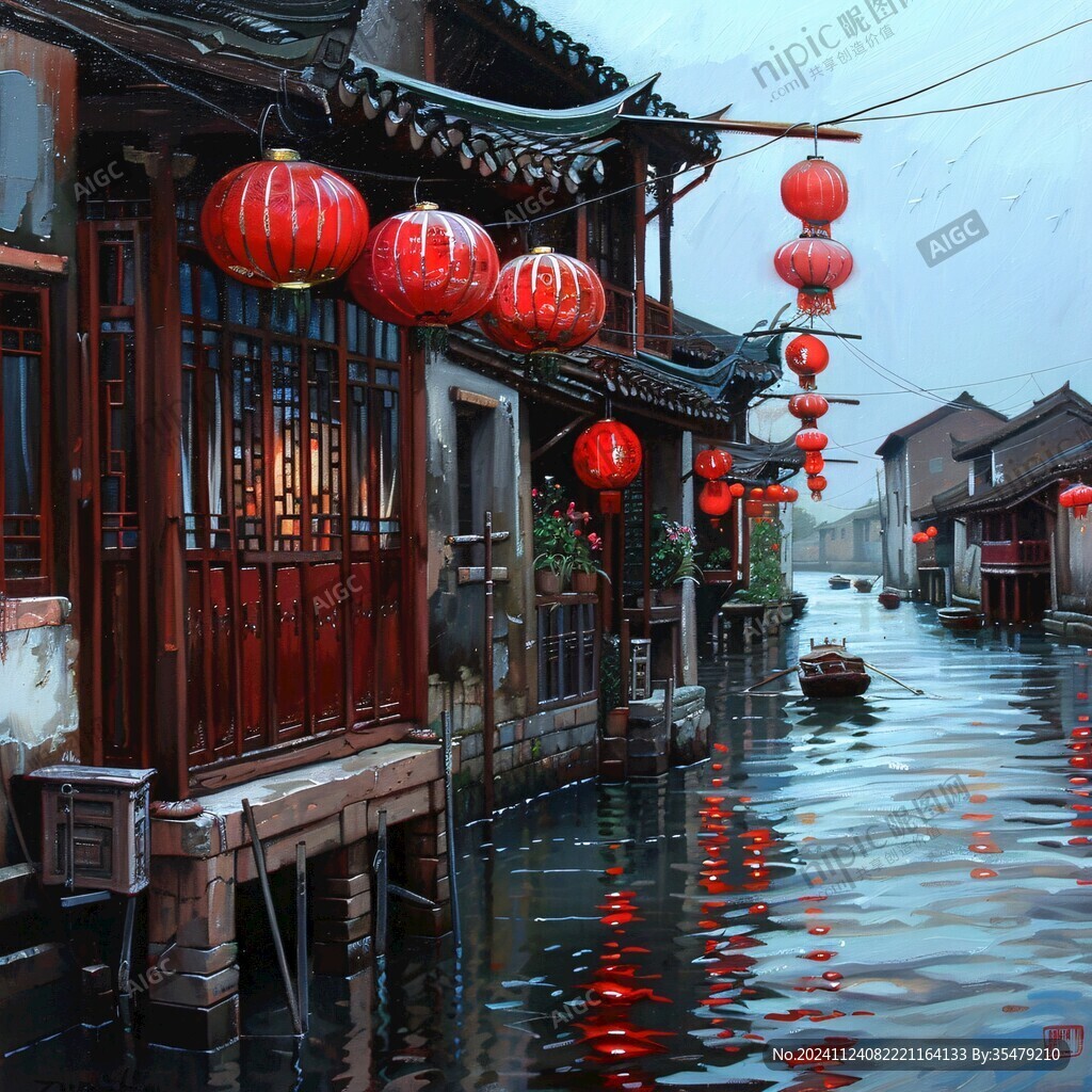 江南古镇油画效果