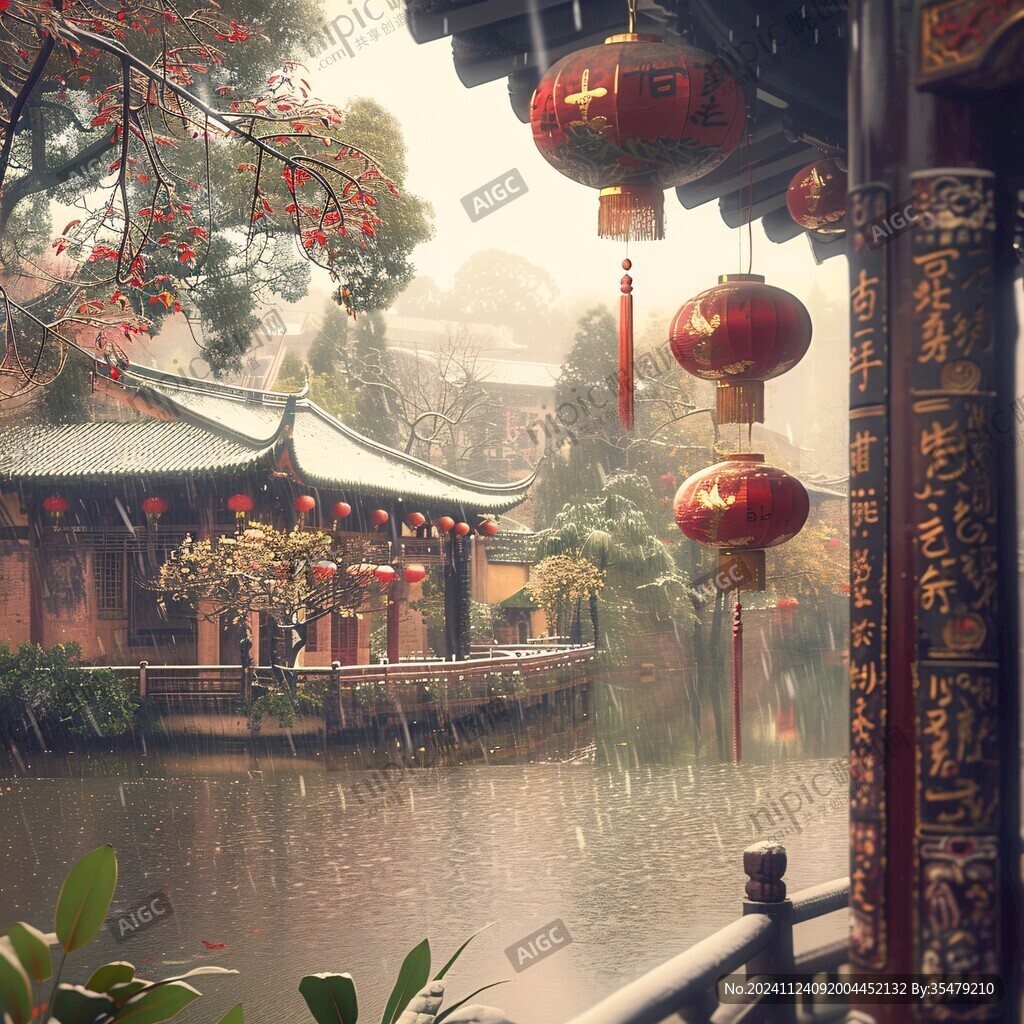 雨中亭台
