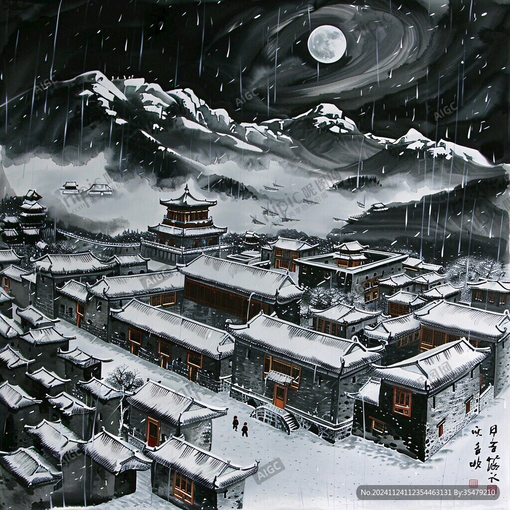 手绘雪夜风景无框画