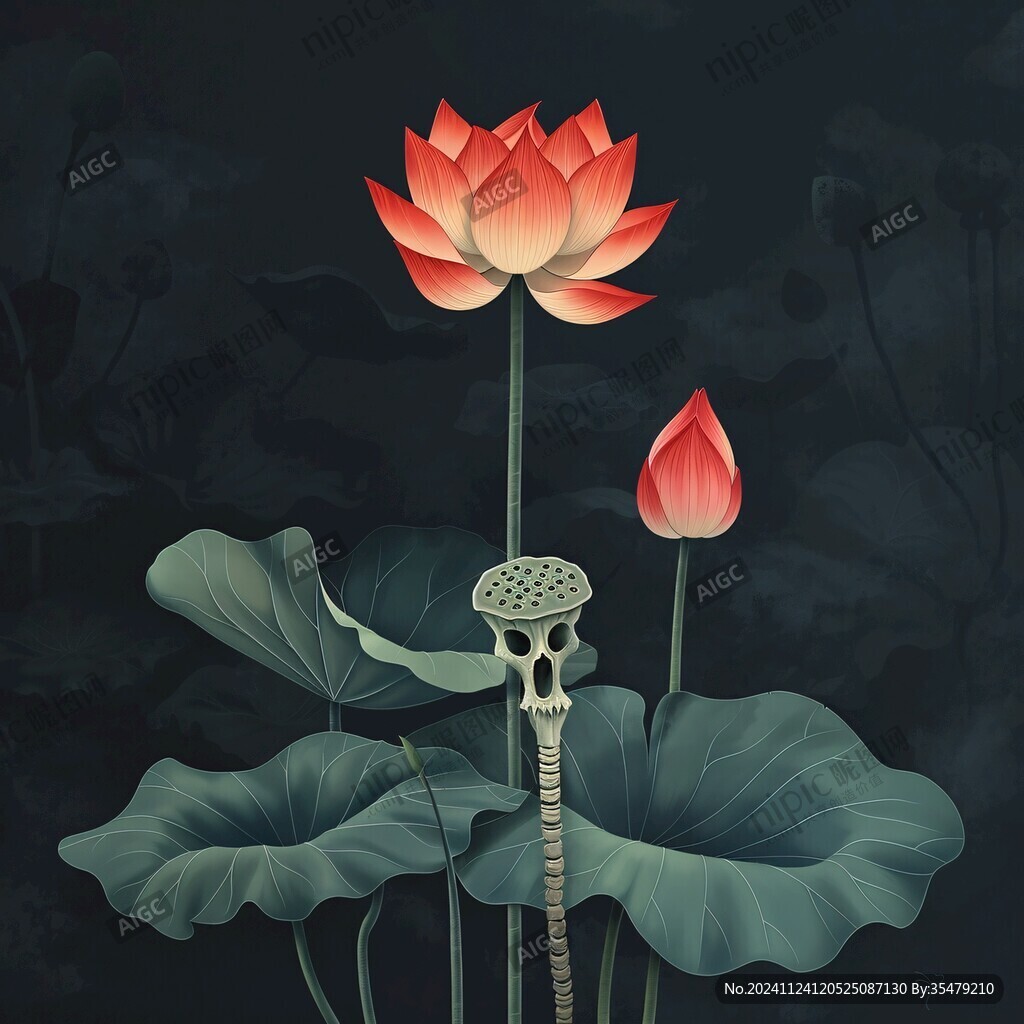 深蓝背景荷花图