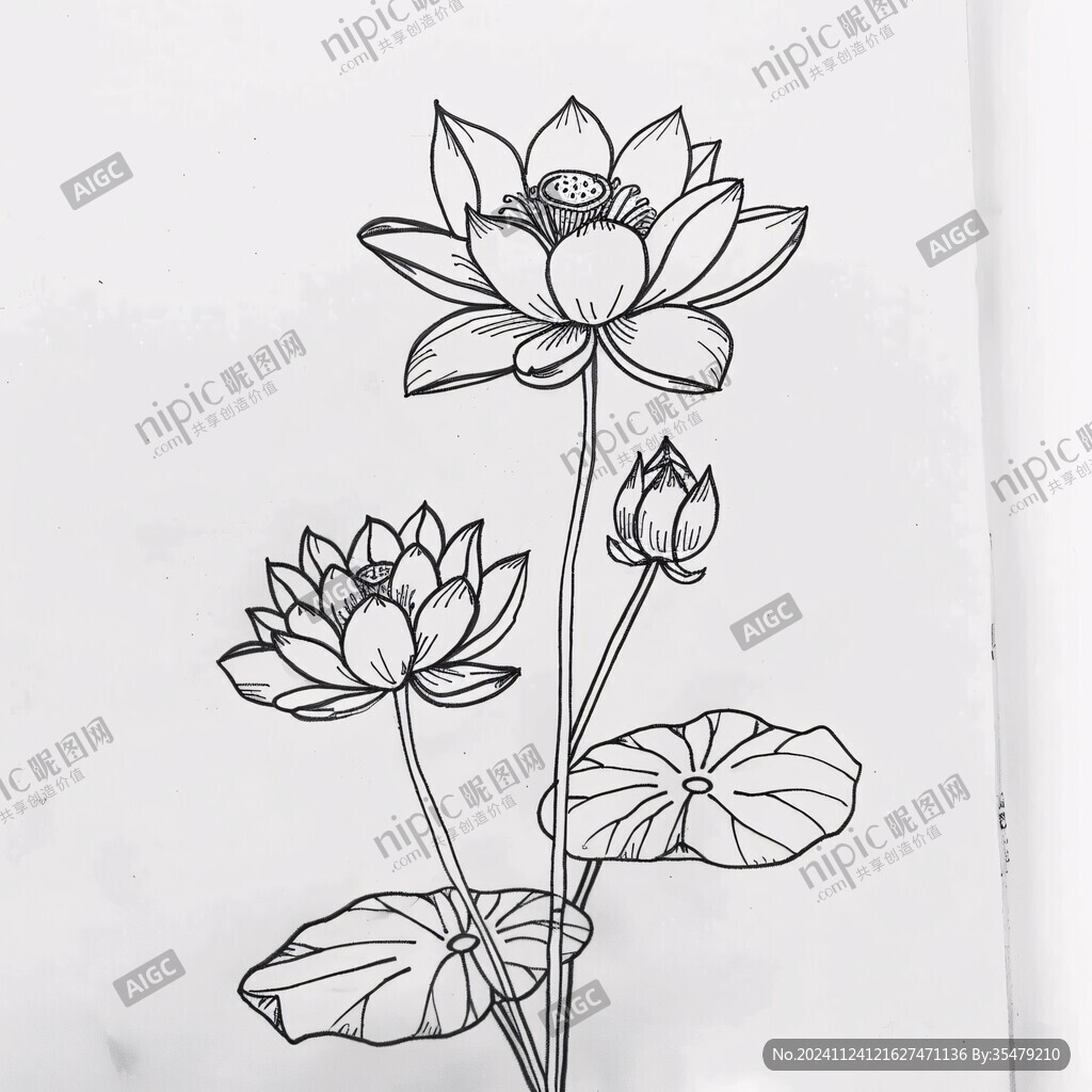 荷花手绘黑白