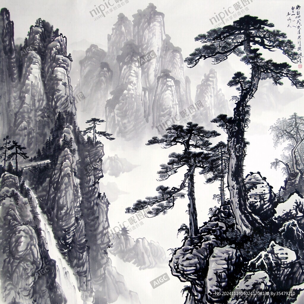 松树山峰画