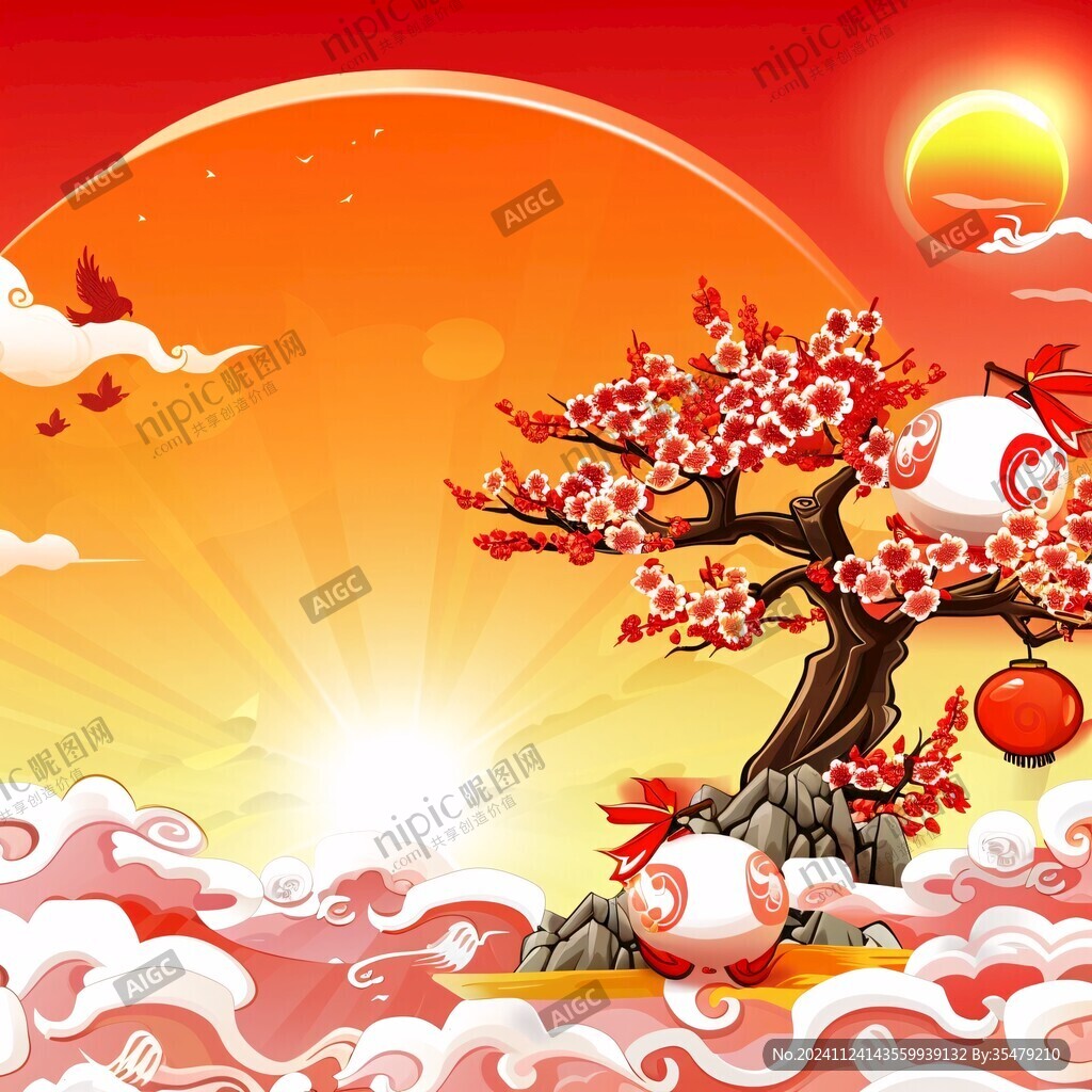 梅花仙鹤旭日东升