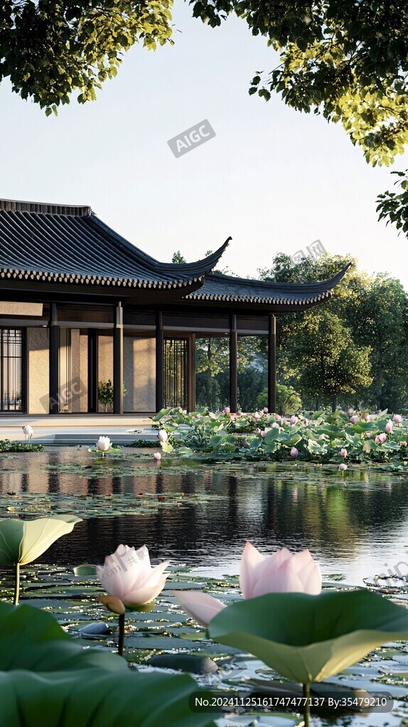 荷花池与中式建筑