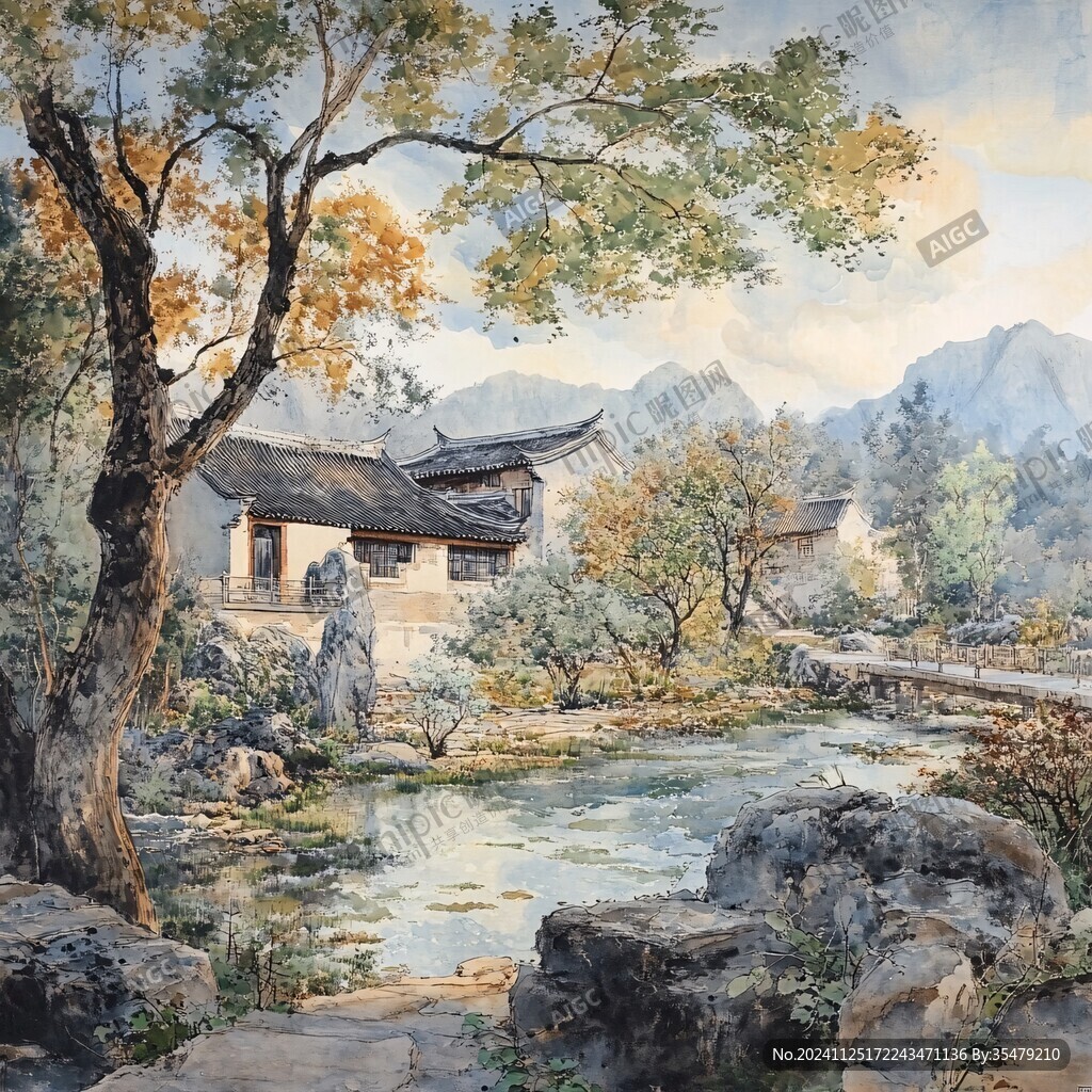古风亭台楼阁油画