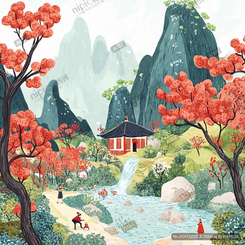 山水枸杞插画