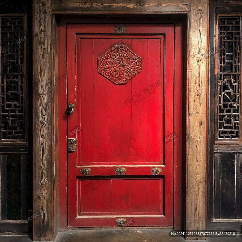 红色中式建筑木门