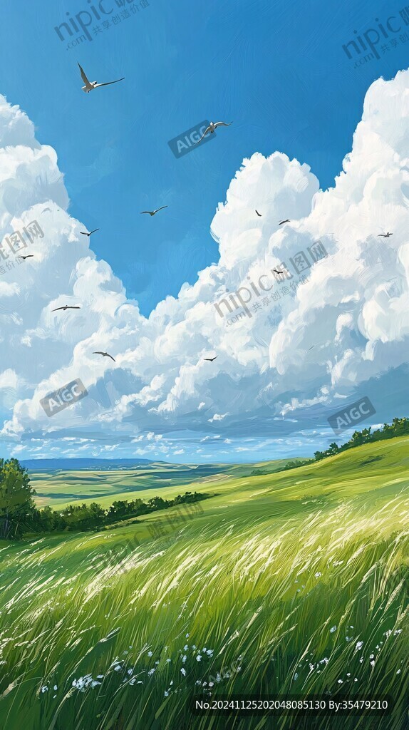 蓝天白云绿草油画