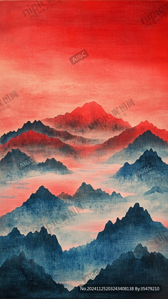 红日水墨山水