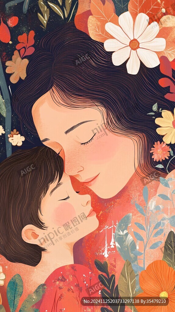 母亲节母女拥抱插画