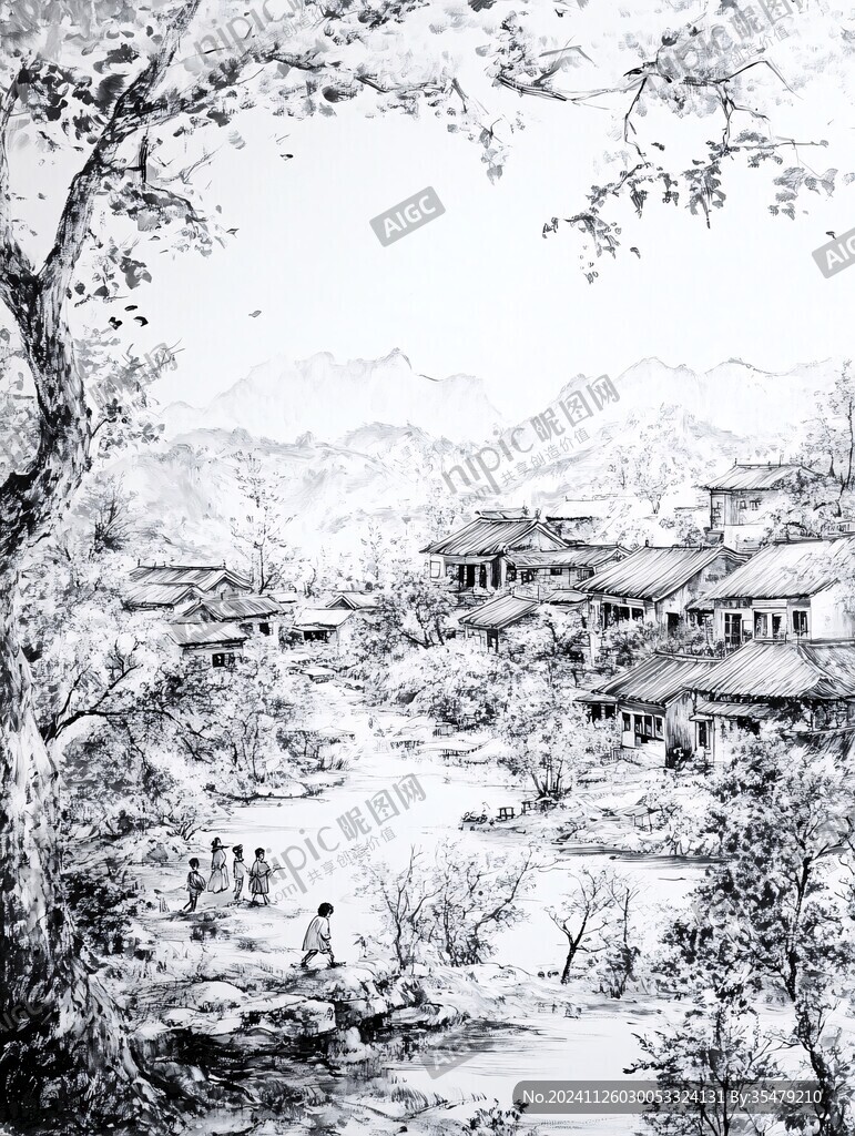 桃花源古镇线稿