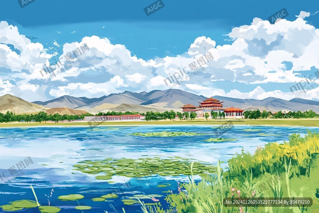 大湖风景区插画
