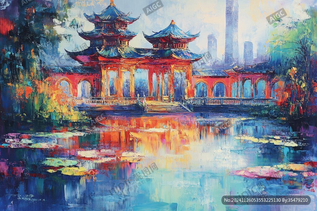 古风亭台楼阁油画