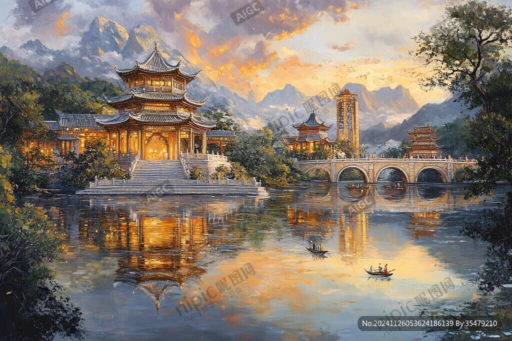 插画横店水彩水墨山水