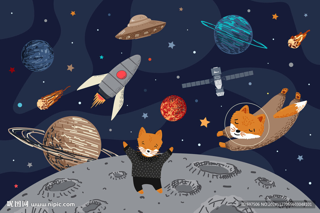 卡通太空星球可爱动物宇宙背景墙