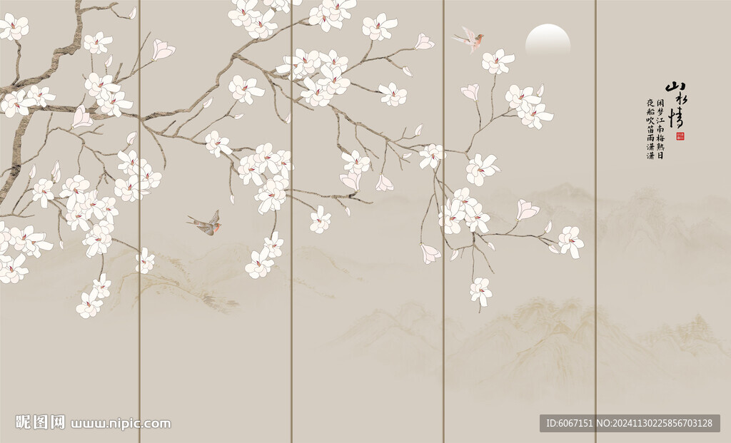 新中式工笔花鸟画背景墙