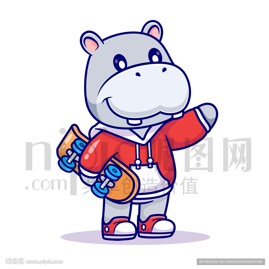 可爱卡通玩滑板的河马