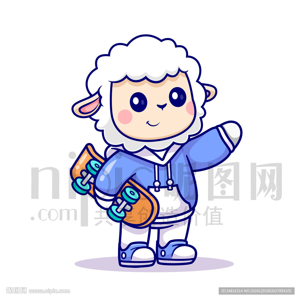 可爱卡通玩滑板的绵羊