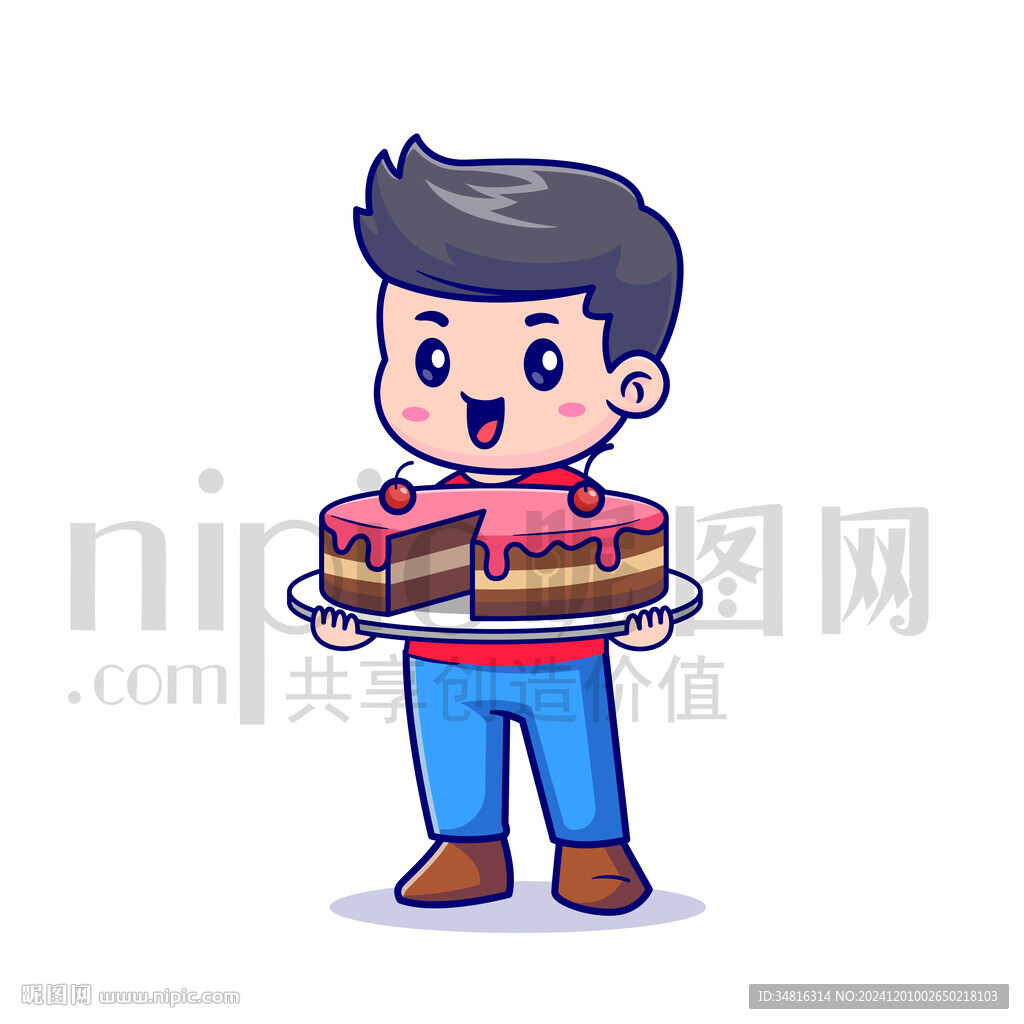 可爱卡通抱着生日蛋糕的男孩