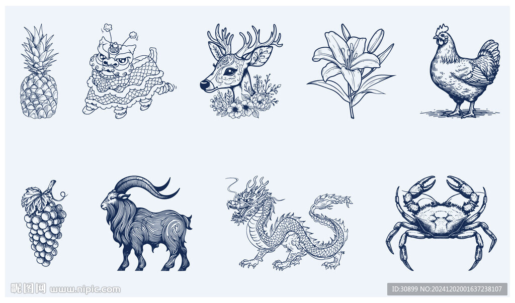 矢量线描风格凤梨舞狮龙山羊葡萄
