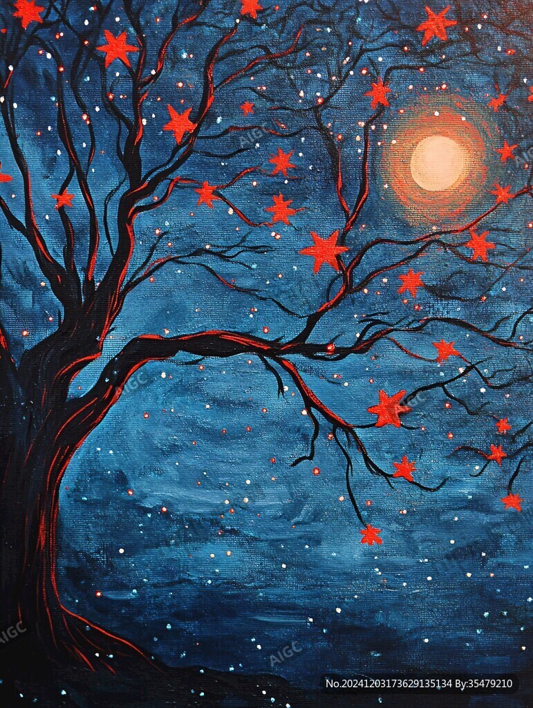 手绘雪夜风景无框画