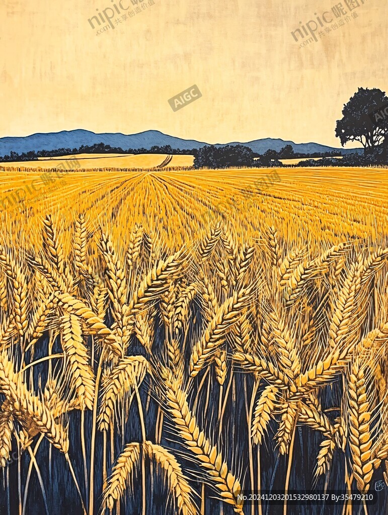 油画金黄色麦田