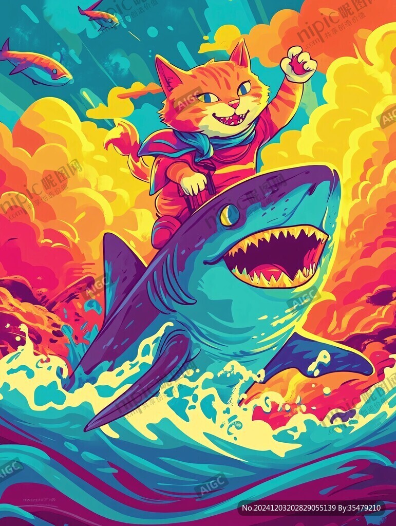 猫咪抱鱼插画