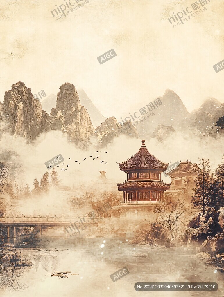 楼阁山水意境画