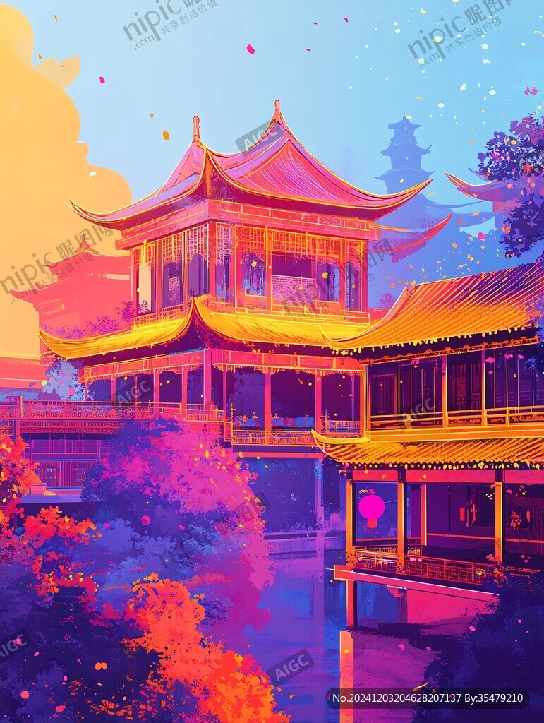 亭台楼阁意境插画