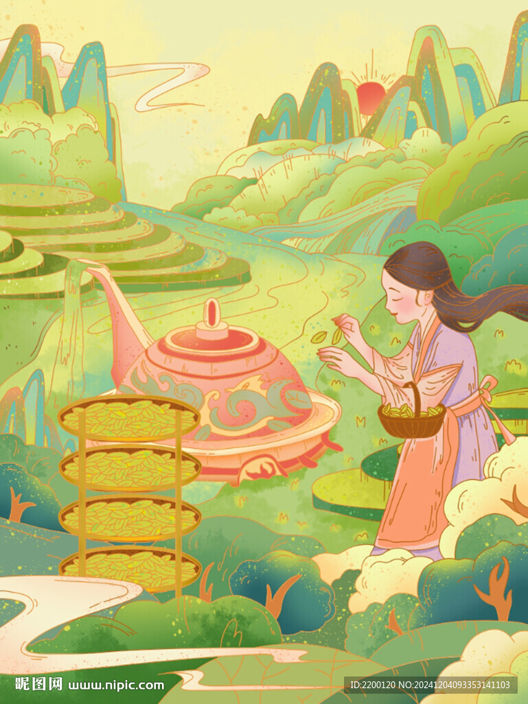 茶园茶叶国潮茶包装插画