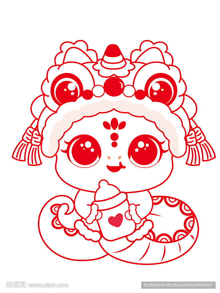 快乐蛇舞狮子线稿手绘素材  