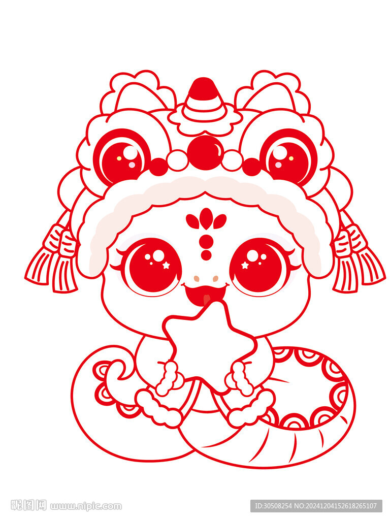 蛇卡通快乐蛇舞狮子线稿手绘